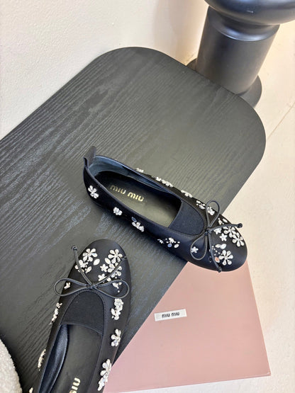 Miu Ballet Flat With Floral Crystal Dark Navy Blue Silk