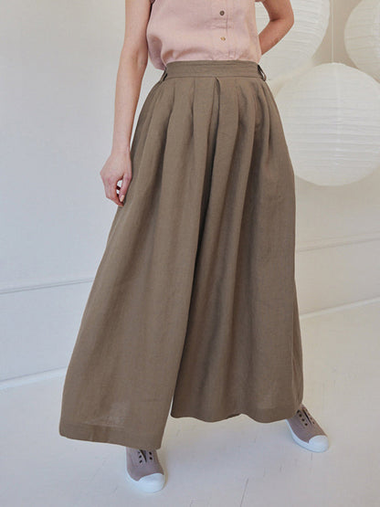 High Waisted Loose Pleated Pockets Solid Color Casual Pants Bottoms