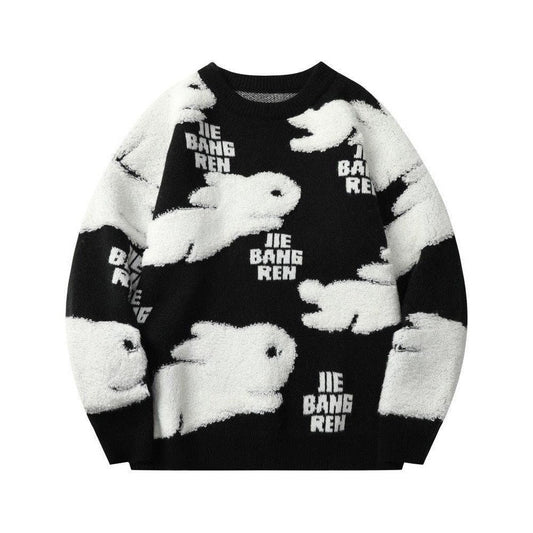 Cheng: Harajuku Couple Rabbit Sweater Jacket Red Loose Knit Sweater Jacket Fashion Striped Oversized Sweater Mens Clothes Pullover