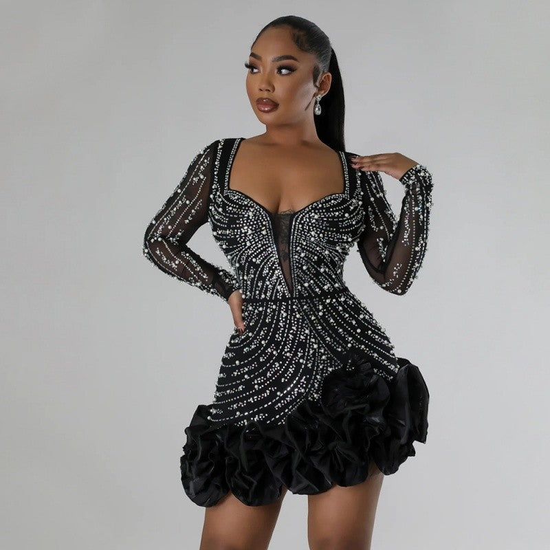Sexy Rhinestone Beaded Bodycon Dress Long Sleeve
