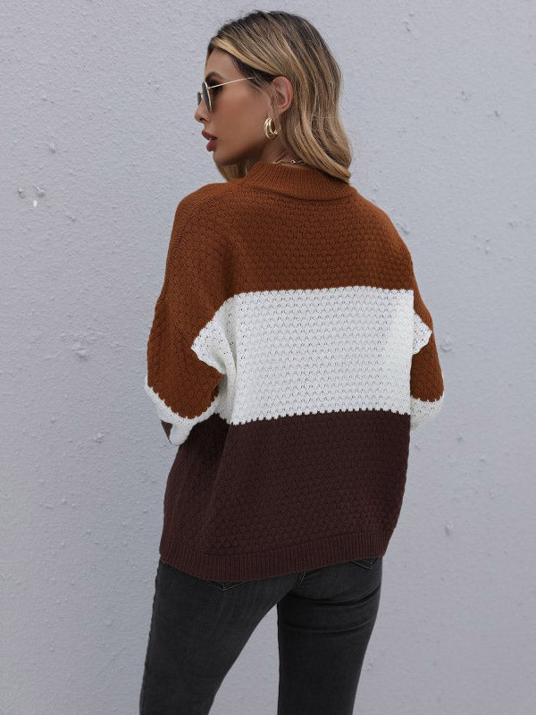 Simple Loose Contrast Color Striped Round-Neck Sweater