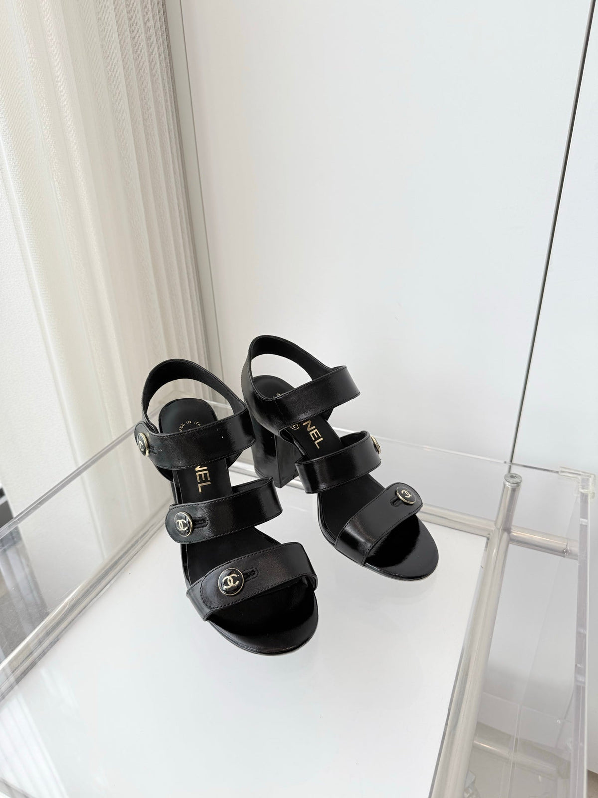 Chanel 26 Turnlock 80 Black Sandal Heels in Lambskin 597407
