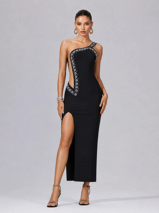 Melinda One Shoulder Rhinestone Cut Out High Slit Bandage Maxi Dress