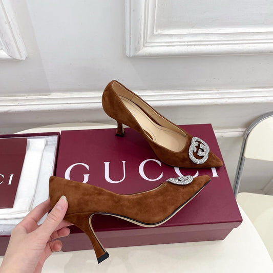 GG 26 High-Heeled 85 Pumps Camel Brown Suede 587076