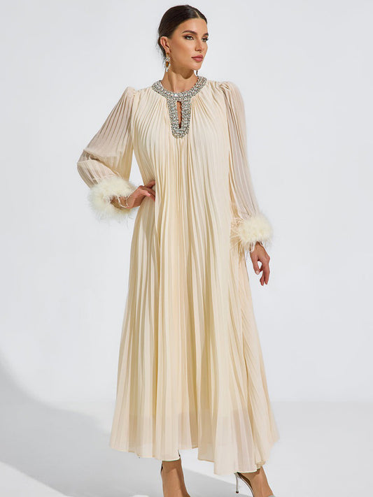 Grace Pleated Feather-Trim Maxi Dress