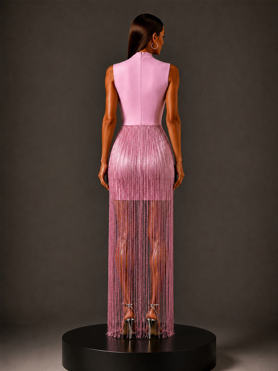 Calliope Silver-Thread Tassel Bandage Maxi Dress In Pink