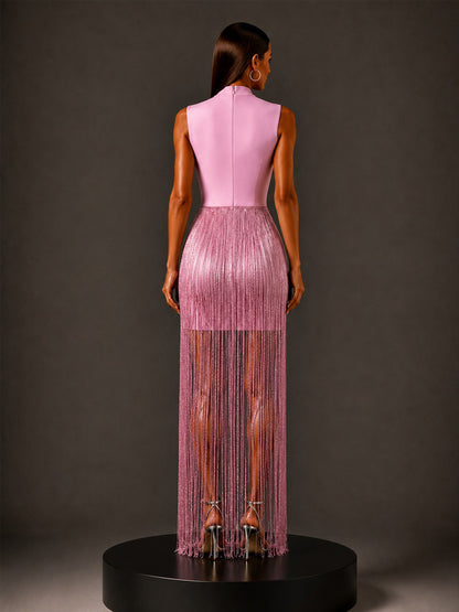 Calliope Silver-Thread Tassel Bandage Maxi Dress In Pink