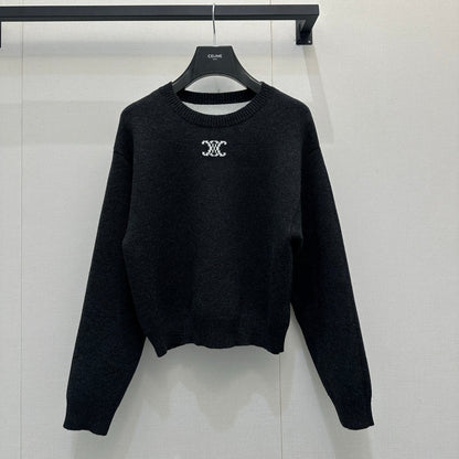 Celin Embroidered Crew Neck Sweater Black Wool 346096