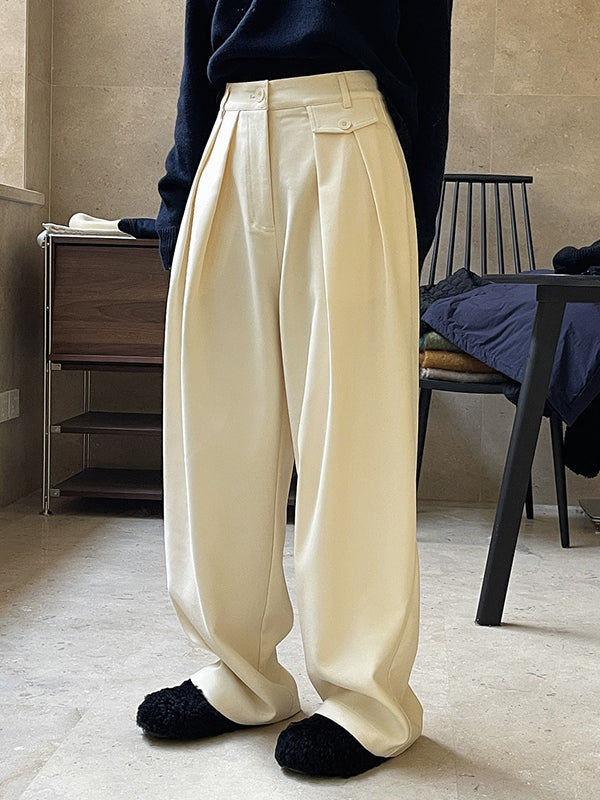 Loose Pleated Solid Color Casual Pants Bottoms