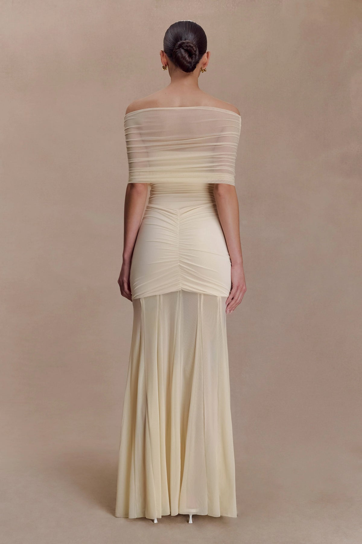 Caspian Slinky And Mesh Off Shoulder Maxi Dress - Ivory