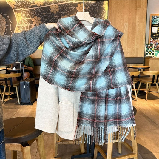 Color Block Plaid Fringe Scarf