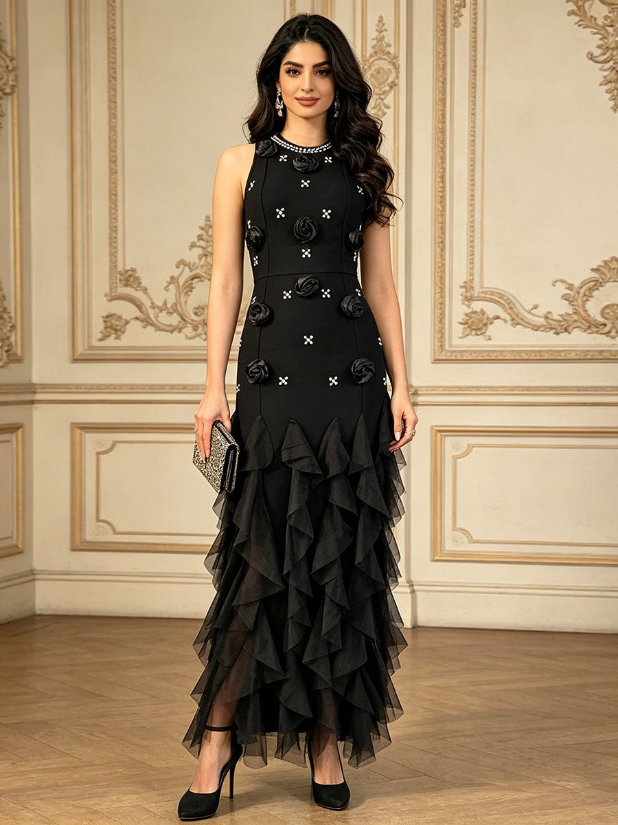 Annalise Elegant 3D Floral & Rhinestone Maxi Dress