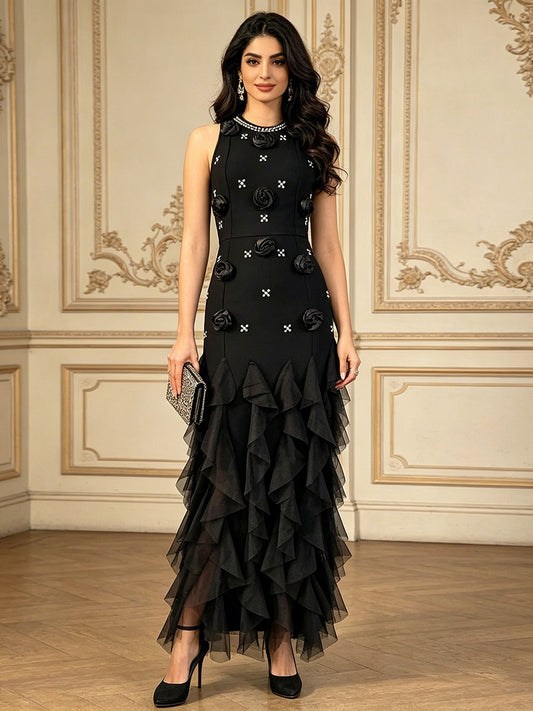 Annalise Elegant 3D Floral & Rhinestone Maxi Dress