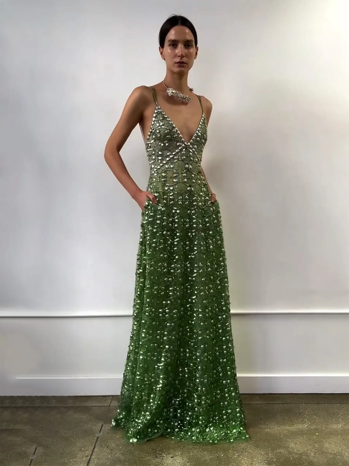 Ivy Rhinestone Deep-V Maxi Dress