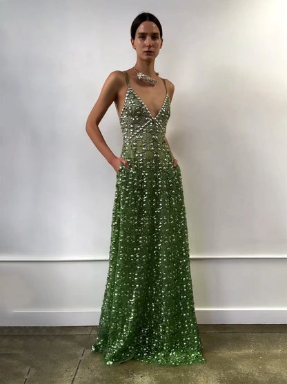 Ivy Rhinestone Deep-V Maxi Dress