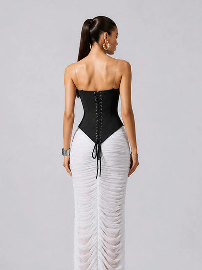 Paulina Spaghetti Strap V Neck Rhinestone Ruched Two Piece Maxi Dress