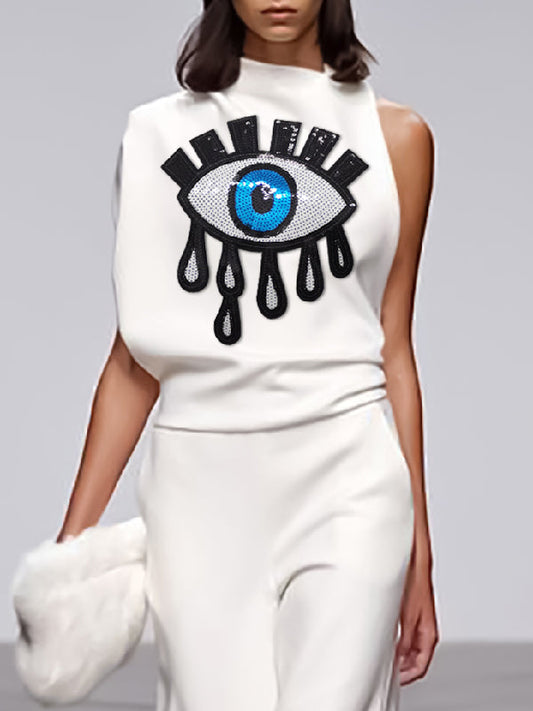 Applique Asymmetric Embroidered Figure Mock Neck Blouses&shirts Tops