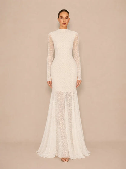 Helena Fitted Long-Sleeve Lace Maxi Dress