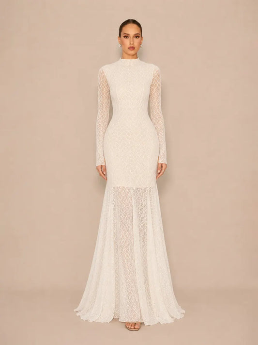 Helena Fitted Long-Sleeve Lace Maxi Dress