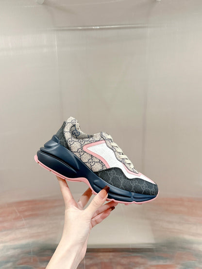 GG RHYTON TRAINER CHARCOAL AND WHITE CALFSKIN