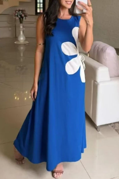 Solid Color Round Neck Floral Maxi Dress