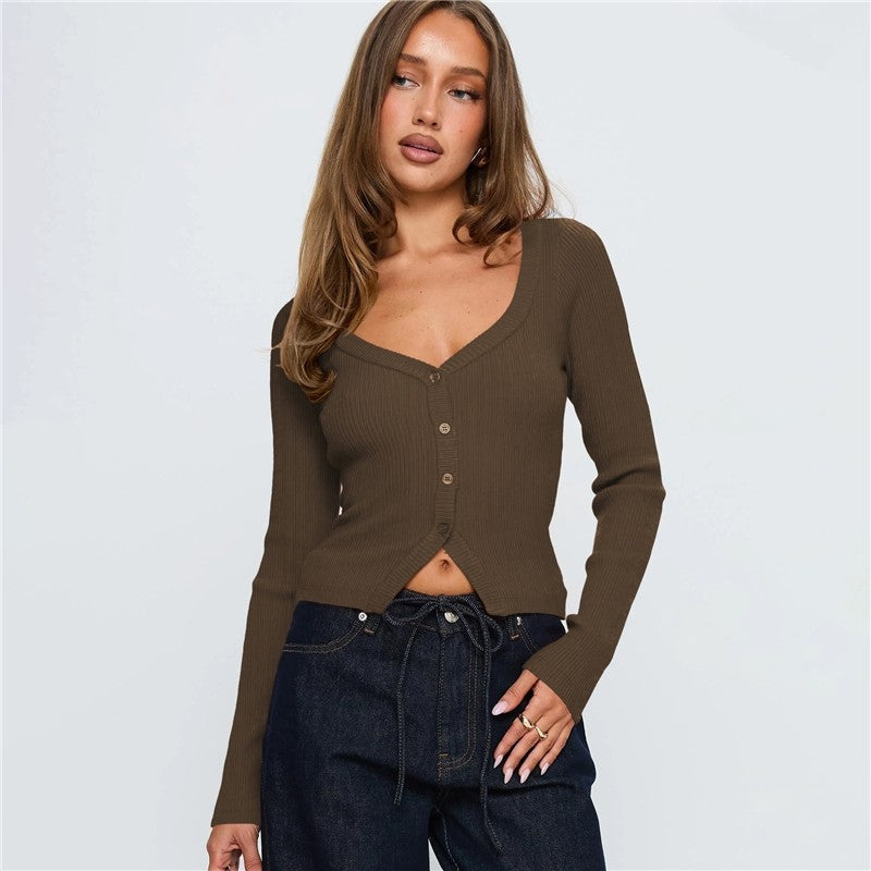 V Neck Long Sleeve Ribbed Button Cardigan