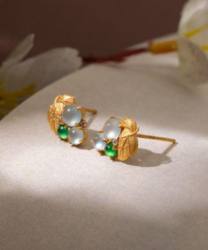 Modern Gold Sterling Silver Overgild Jade Grape Stud Earrings