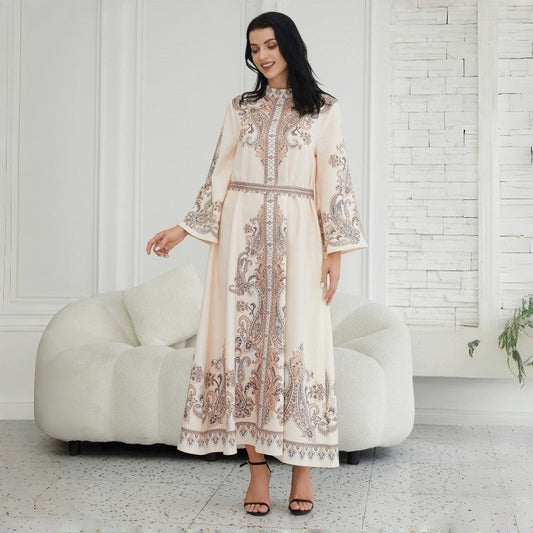 Royal Collar Print Long Retro Muslim Dress