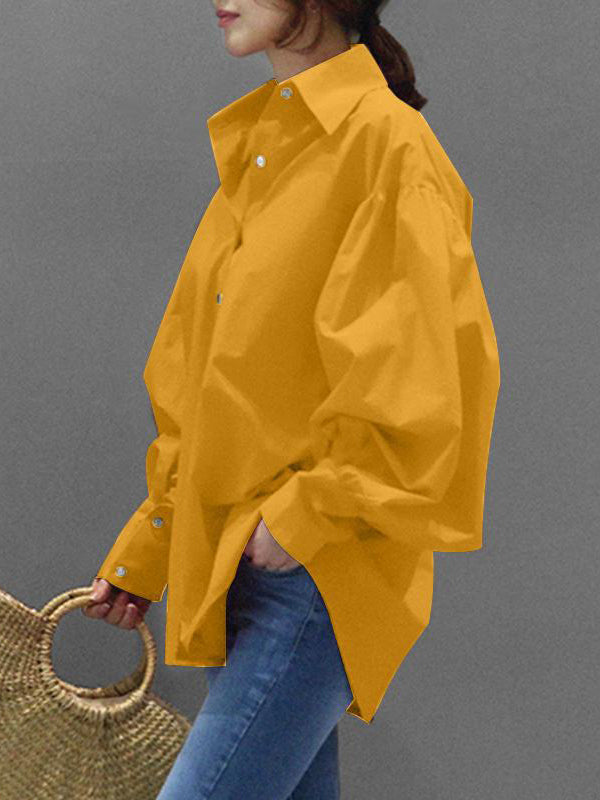 Long Sleeves Loose Buttoned Pleated Solid Color Lapel Blouses&Shirts Tops