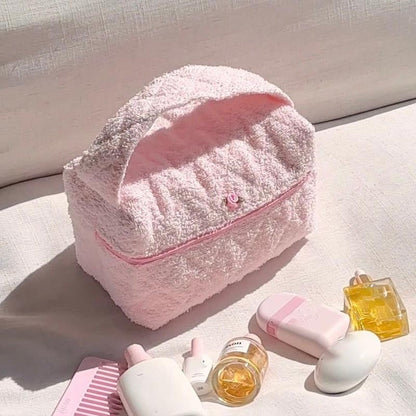 Soft Plush Cute Bow Print Cosmetic Bag