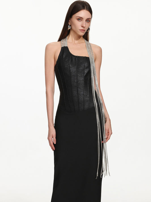 Azaria One Shoulder Metal Fringe Bandage Maxi Dress