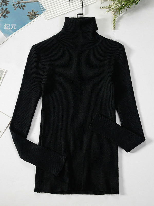 Casual Long Sleeves Skinny Solid Color High-Neck Sweater Tops
