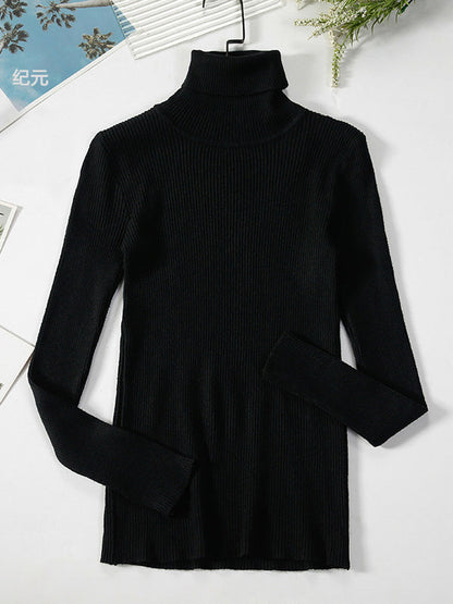 Casual Long Sleeves Skinny Solid Color High-Neck Sweater Tops