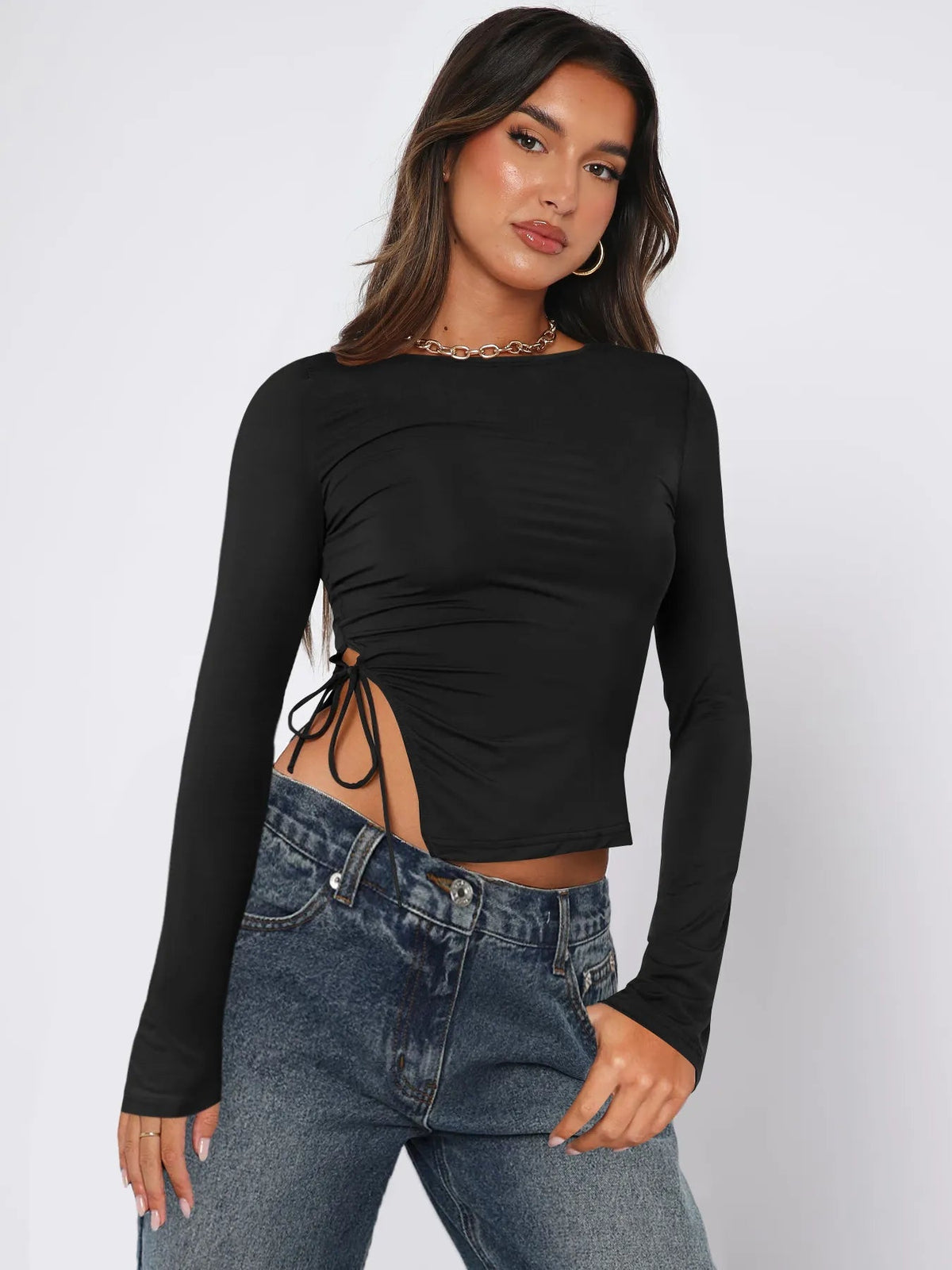 Black Drawstring Top Soft Stretchy Fabric