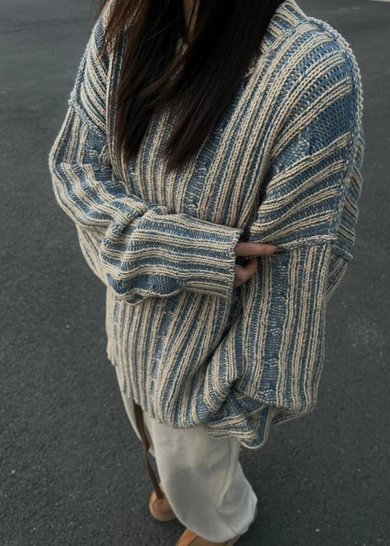 Striped Knit Oversized Sweater Soft Cotton Pullover