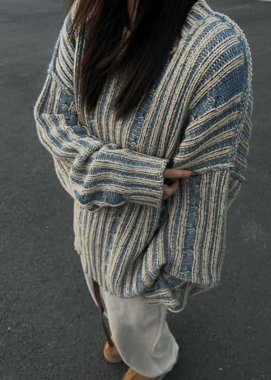 Striped Knit Oversized Sweater Soft Cotton Pullover