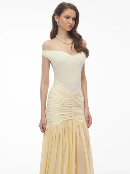 Lila Off-the-Shoulder Ruched Chiffon Maxi Dress