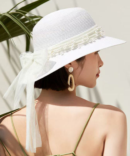 French White Bow Nail Bead Straw Woven Bucket Hat