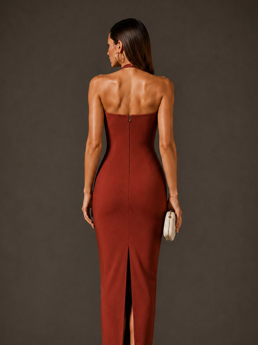 Eloise Halter-Neck Maxi Dress with Back Slit and Fringes In Brick Red
