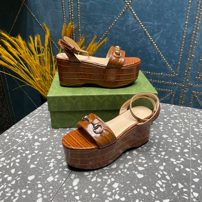 GG  HORSEBIT FLATFORM SANDAL CARAMEL CALFSKIN