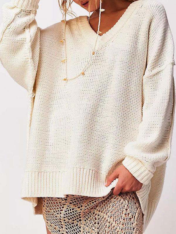 Long Sleeves Loose Solid Color Velvet V-Neck Pullovers Sweater Tops