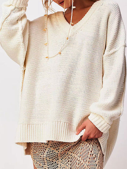 Long Sleeves Loose Solid Color Velvet V-Neck Pullovers Sweater Tops