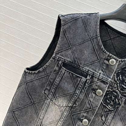 CC Flower Denim Vest Black Cotton