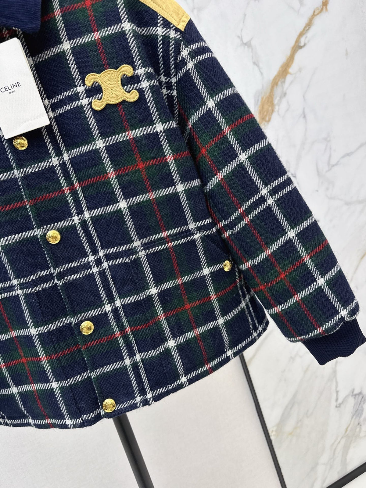 Celine Blouson Triomphe Bomber Jacket Blue Wool and Suede
