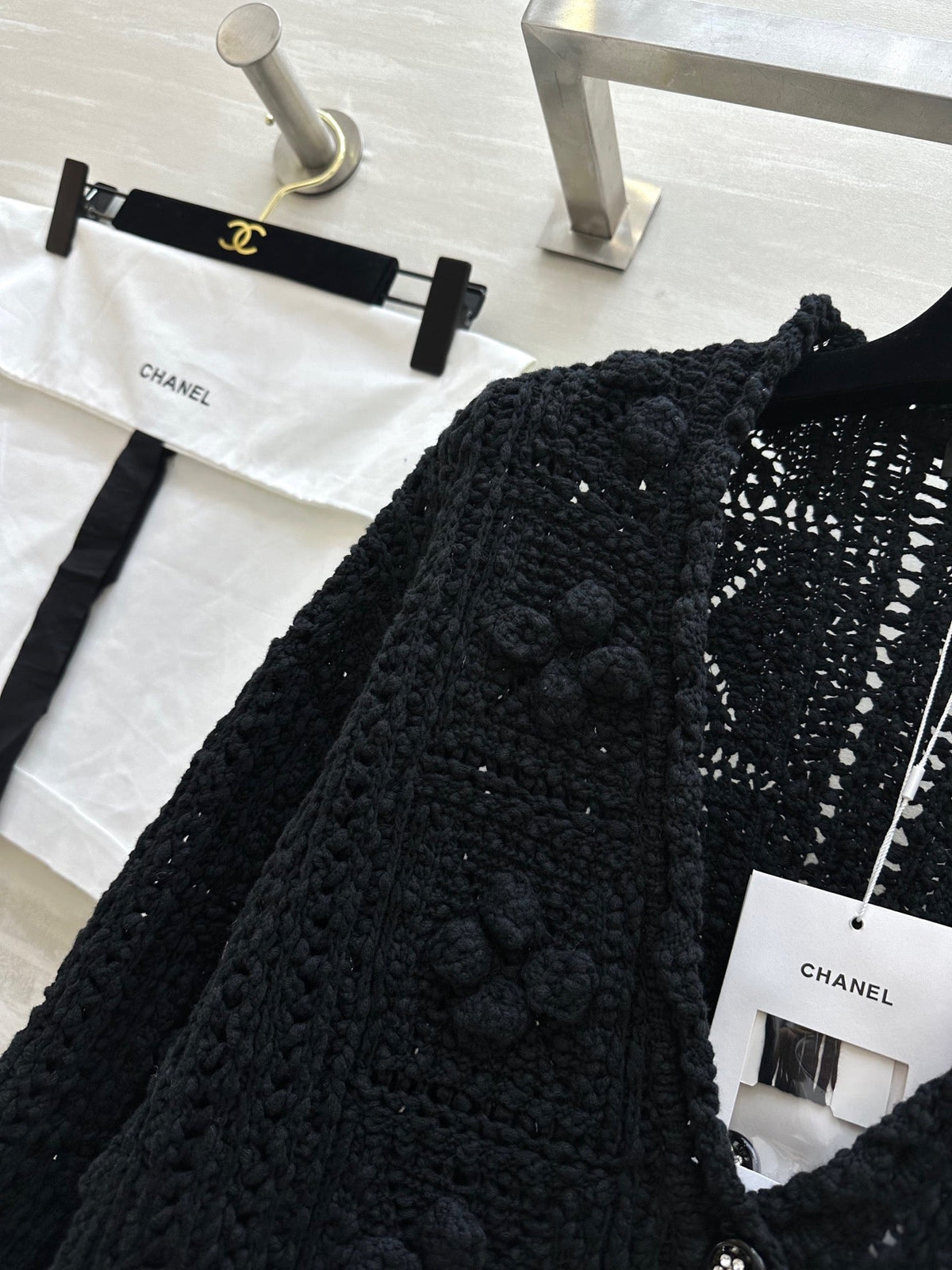 CC Openwork Crochet Knit Cardigan Black Cotton 346493