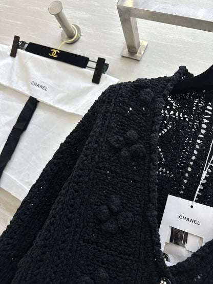 CC Openwork Crochet Knit Cardigan Black Cotton 346493