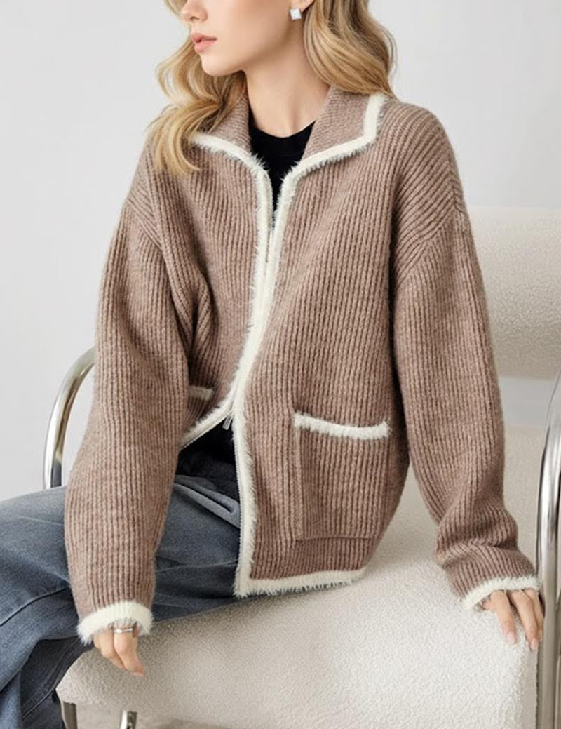 Soft Color Block Zipper Lapel Pocket Knit Cardigan