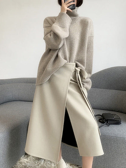 Long Sleeves Loose Pleated Solid Color Split-Joint High Neck Sweater