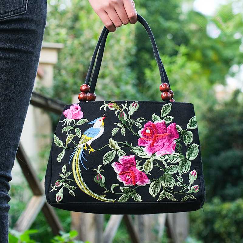 Ethnic Style Embroidered Bags For Women'S Handheld Embroidery With Two Zippers Canvas Leisure Bags