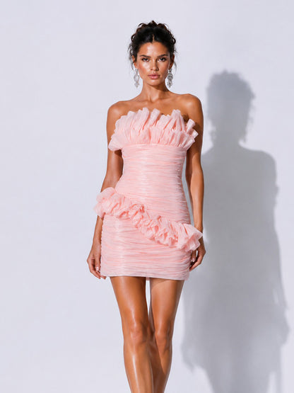 Evangeline Strapless Ruched Ruffle Mini Dress